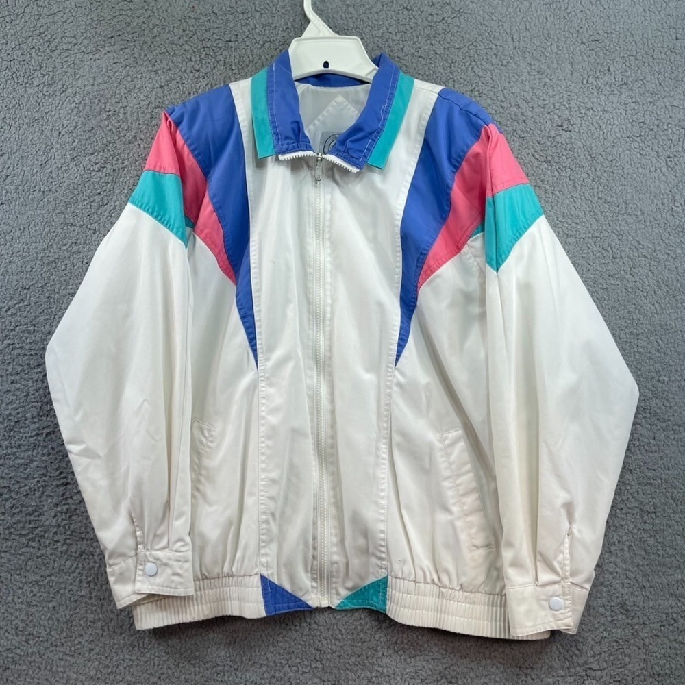 Vintage Jacket Be in‎ the Current Seen Women Medium White Purple Teal Full Zip